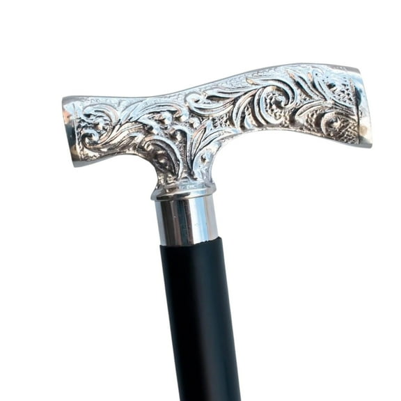 Vintage Silver Floral Handle Walking Cane – Elegant Designer Walking Stick for Men & Women, Antique-Style Cane with Black Shaft, Stylish Support for Seniors & Daily Use