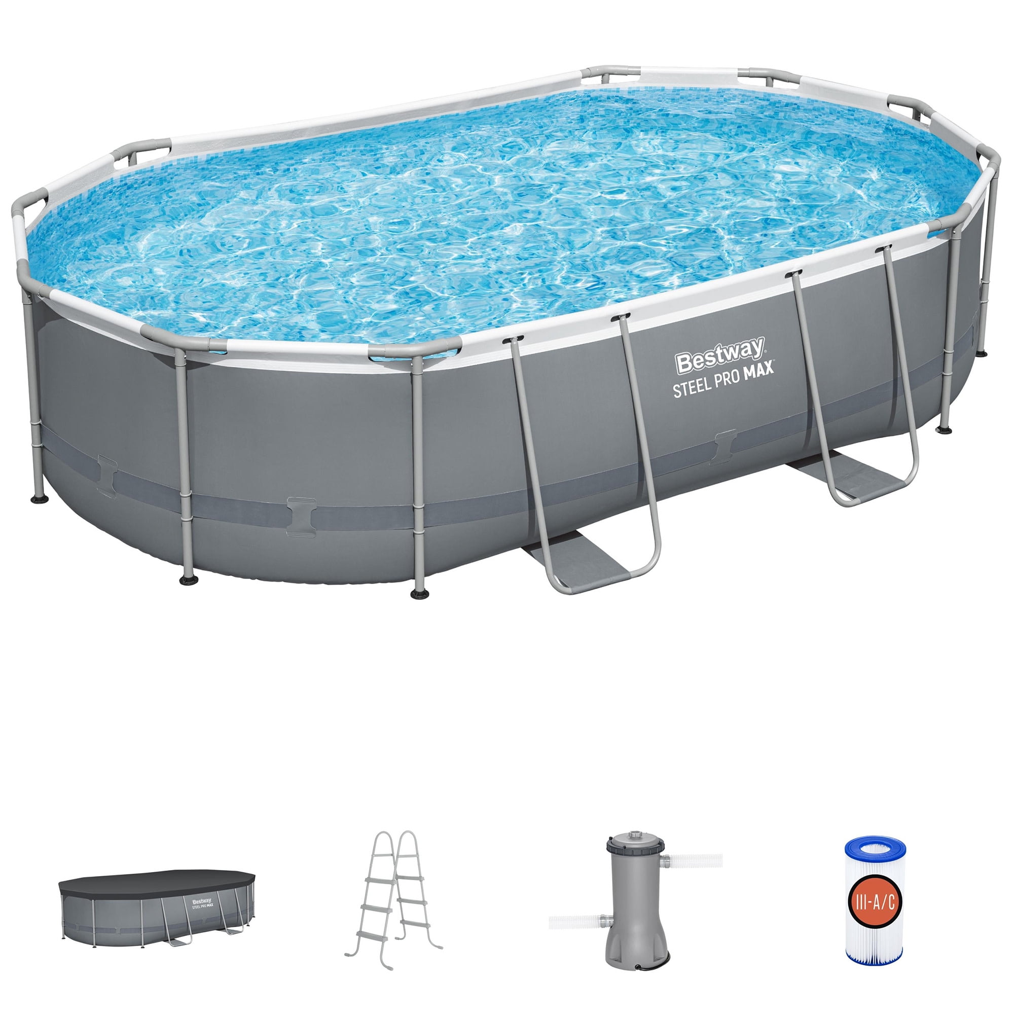 Bestway Steel Pro MAX - 16' x 10' x 42" - Oval Above Ground Swimming Pool Set, ClickConnect Frame, Tritech, Filter Pump-Ladder-Cover, 2,893 Gal Water