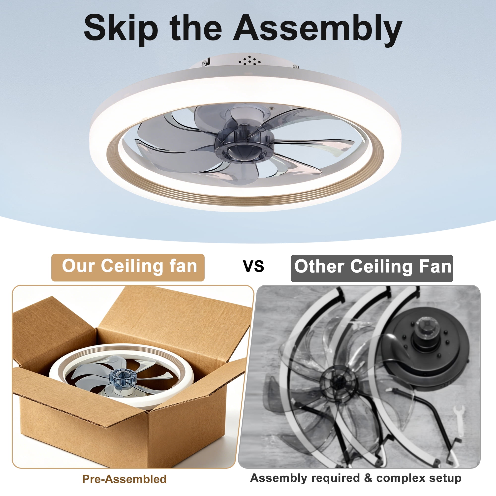 LISUNAR 20" Ceiling Fans with Lights and Remote,Gold-Smart Dimmable low profile ceiling fan with light,Ceiling fans with lights flush mount，Stepless Color Temperature Change and 6 Speeds 7 Blades
