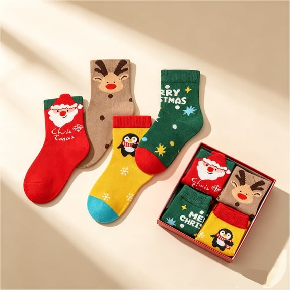 Sawnfay Kids Christmas Socks - 4 Pairs Soft Cotton Socks for Boys Girls, Fun Holiday Novelty Gift for Birthday Christmas Stocking Stuffers, Size M (3-5years)