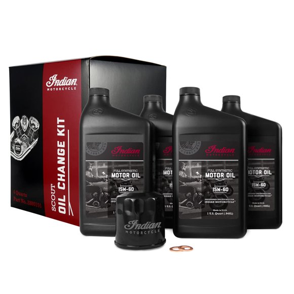 Indian Motorcycle Scout Oil Change Kit, Fits Scout Engines, 2880191, 4 Quarts of Full Synthetic 15W60 Motor Oil, 1 Oil Filter, 2 Washers