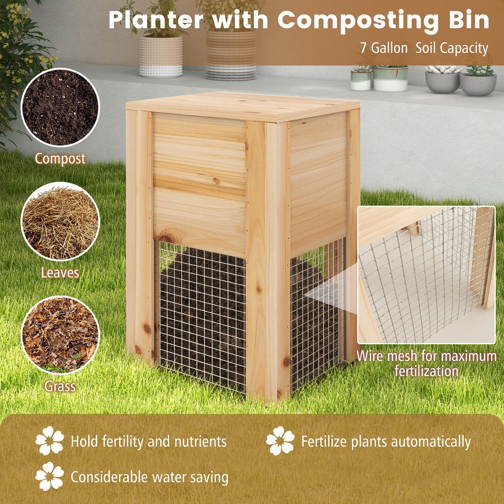 Gymax Raised Fir Wood Garden Bed 49" x 49" x 10" Open Base Garden Bed w/ Composting Bin