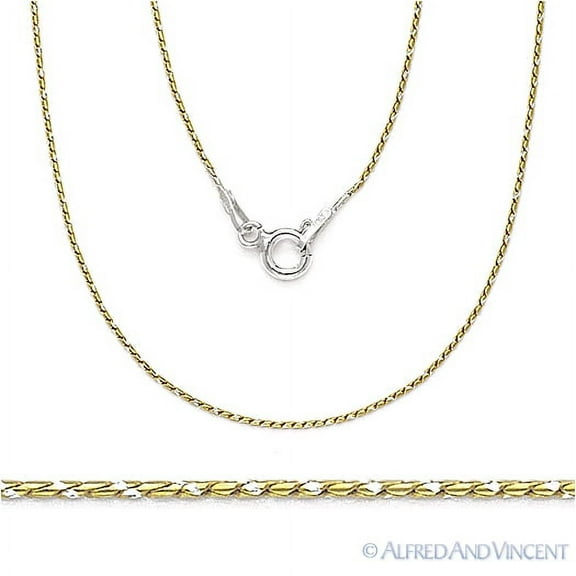 0.7mm Thin Snake Link Italian Chain Necklace in 2-Tone .925 Sterling Silver w/ 14k YG & Rhodium