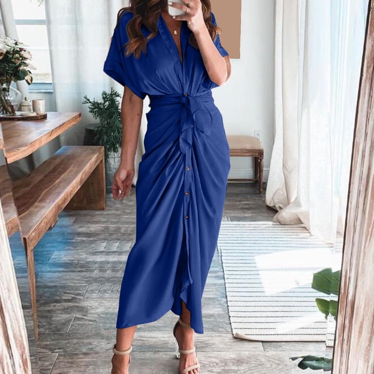 JBXKXYW Dress For Women Women'S Summer Chiffon Long Dress Short Sleeve Temperament Commuting High Waist Long Button Dress Womens Dresses (Red,M)