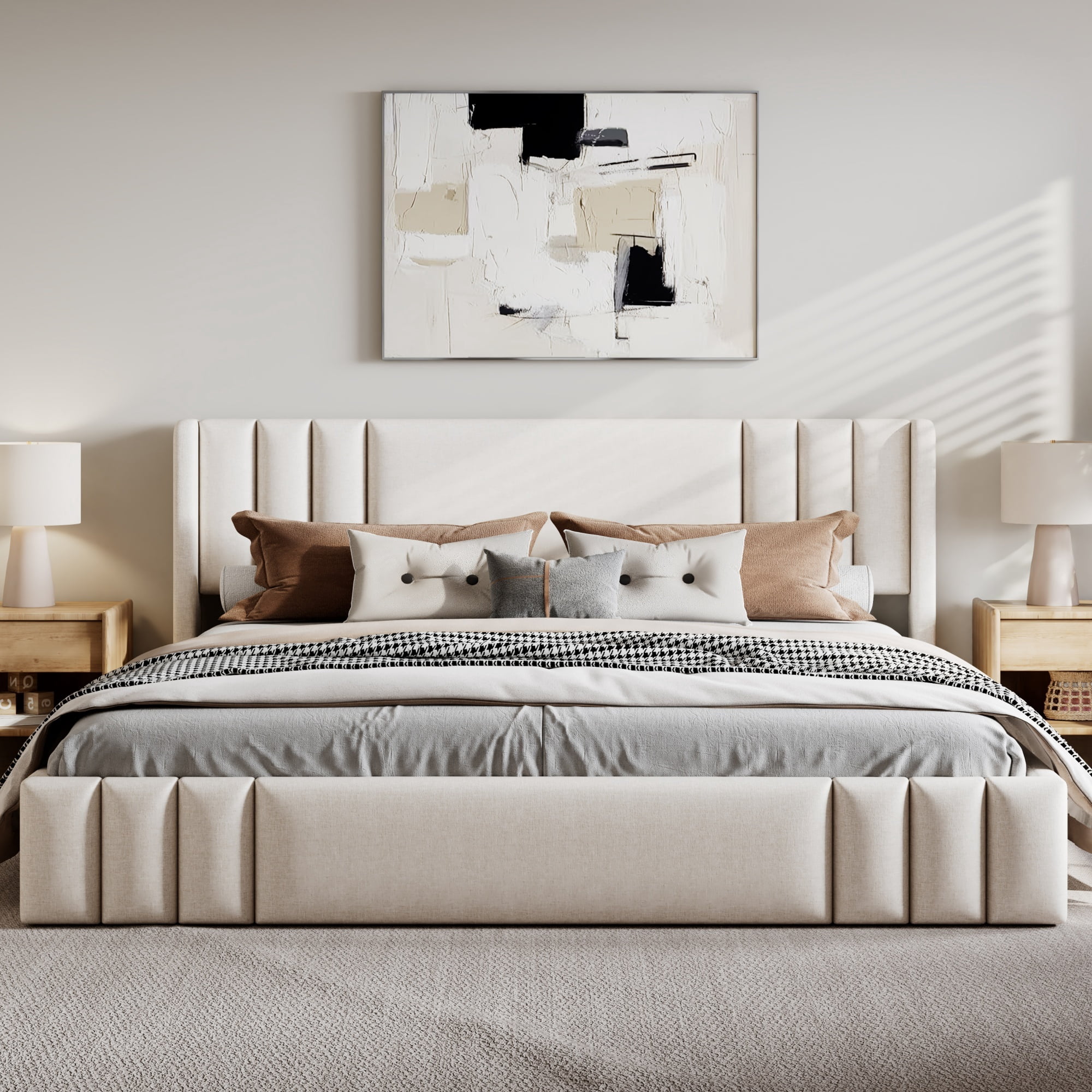 Euroco King Size Upholstery Platform Bed with Headboard, No Box Spring Needed, Beige