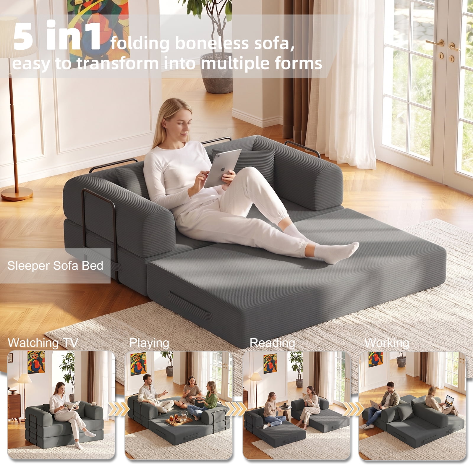 59in Convertible Sofa Bed Corduroy Boneless Couch Bed Foldable Sofa Bed Pull Out Bed Futon Sleeper Sofa No Assembly