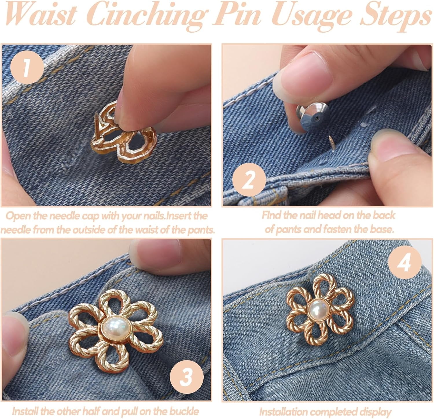 8 Pcs Adjustable Jeans Button Pins, Detachable Pants Buttons Pins, Flower Pearl Jeans Button Tightener, Decorative Detachable Waist Buckles for Loose Jeans, Pants, Skirts, Sleeves, 4 Colors
