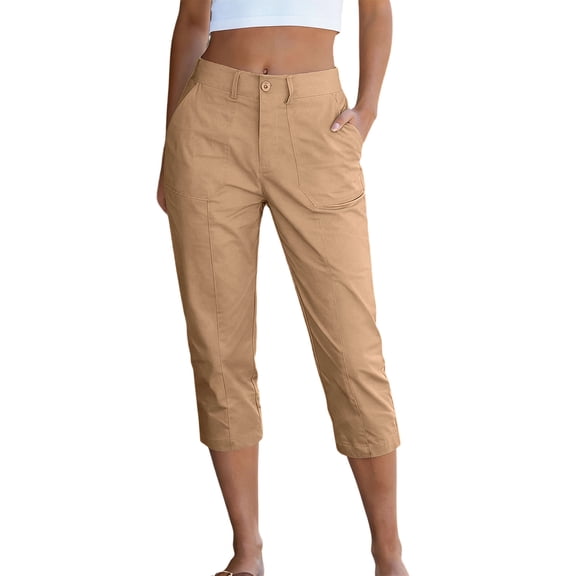 Summer Capri Pants,Capri Pants for Women High Waisted Loose Fit Elastic Waist Casual Capris Trousers Crop Chino Pants with Pocket