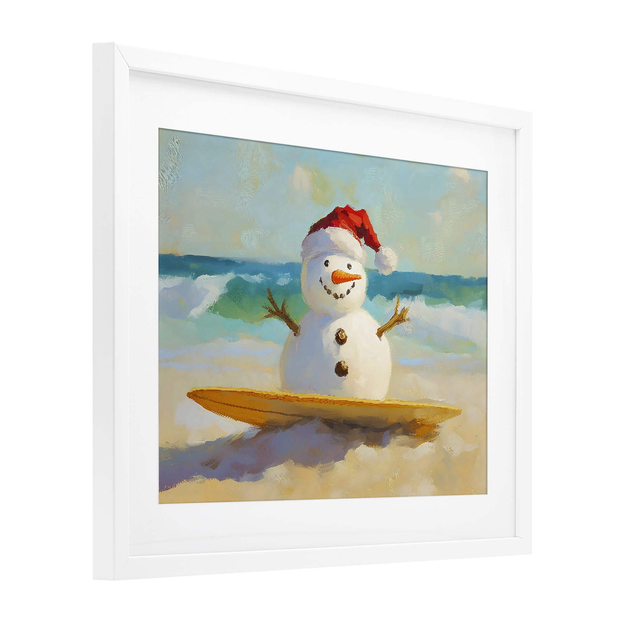 Stupell Industries Surfer Snowman on Beach White Framed Print Under Glass, design by The Prints Vibe