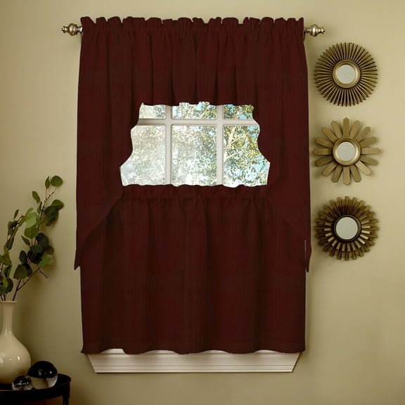 Wine Opaque Solid Ribcord Kitchen Curtains Choice of Tier Valance or Swag