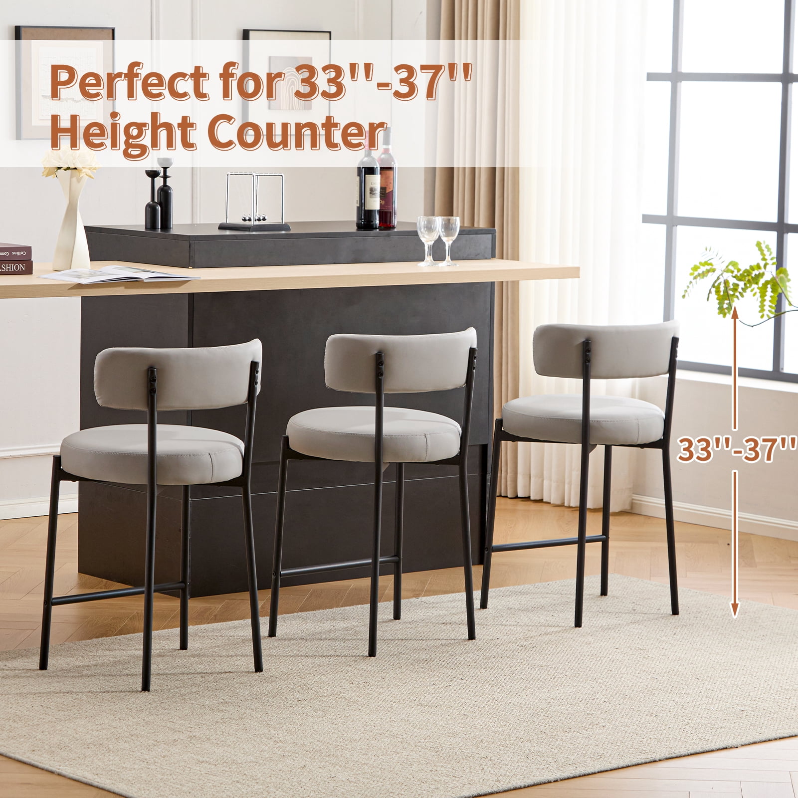 Furniliving Bar Stools Set of 2, Modern Counter Height Bar Stools with Back, Upholstered Bar Height Barstools for Kitchen Counter/Home Bar/Dining Room, Faux PU-Gray