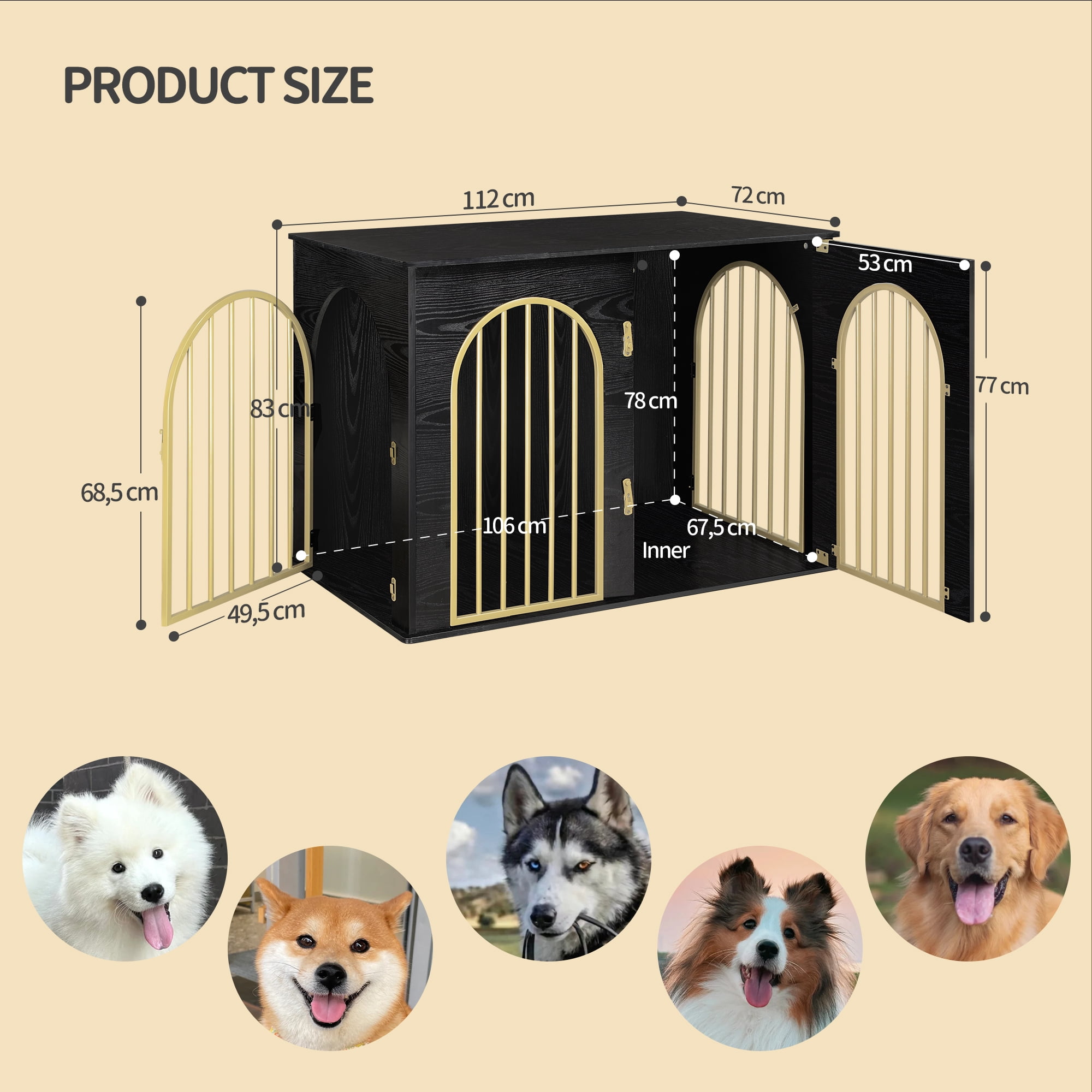 44.1" Dog Crate Furniture, 3 Door Wooden Dog Crate Furniture for Small/Medium/Large Dog,Black Gold