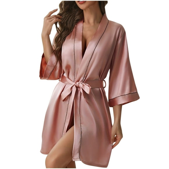 Penkiiy Womens Silk Robe Short Lace Trim Satin Robe 3/4 Sleeve Kimono Bride Robe Comfy Sleepwear L Pink