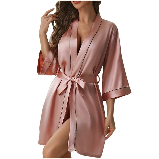 Penkiiy Womens Silk Robe Short Lace Trim Satin Robe 3/4 Sleeve Kimono Bride Robe Comfy Sleepwear L Pink