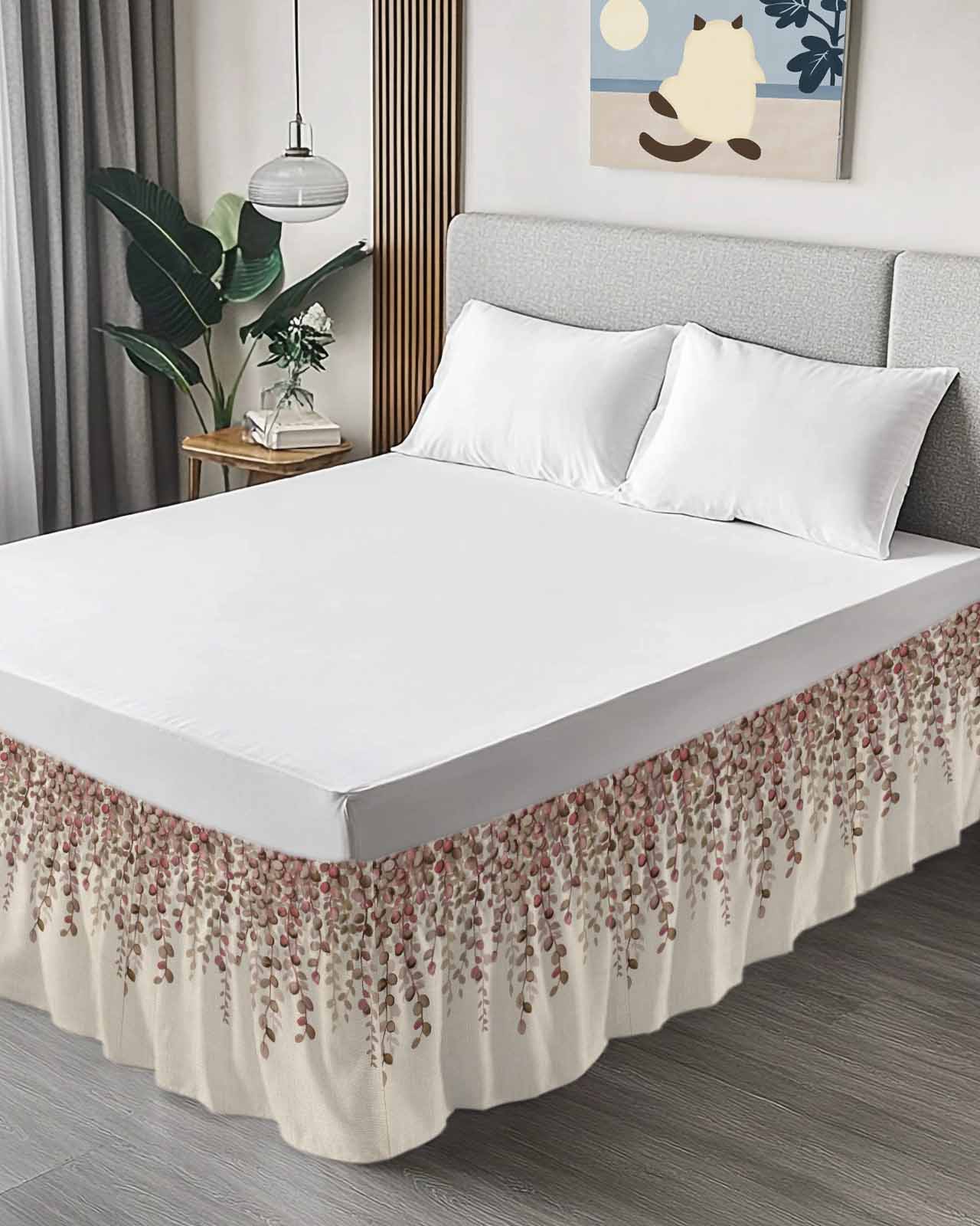Eucalyptus Leaf Bed Skirt Queen Size 18 Inch Drop, Country Red Leaves Flora Plant Linen Texture Adjustable Elastic Dust Ruffles Bedskirt for Queen Bed Wrap Around Pleated Mattress Frame Cover