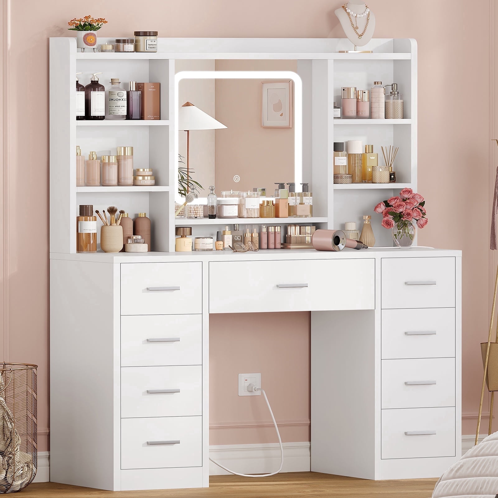 Makeup Vanity Set with Mirror and Lights , Vanity Table with 9 Drawers and 7 Storage Shelves, Vanity Desk for Bedroom, Dressing Room, White