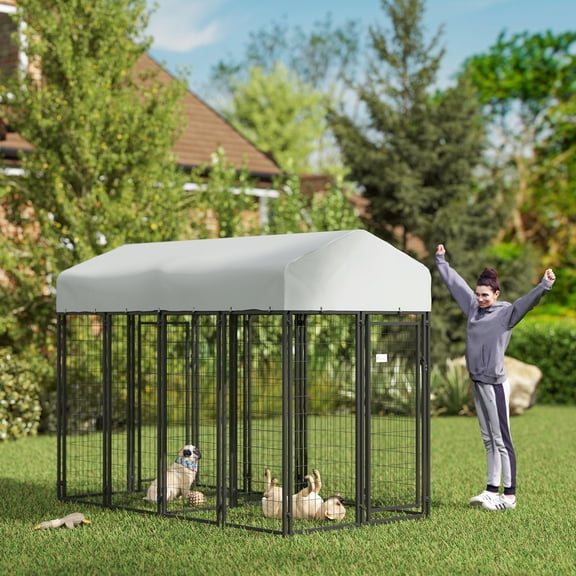 PawHut Outdoor Dog Kennel with Two-Room Design, Large Dog Run with Water-Resistant & Sun-Proof Cover, for Small, Medium, Large Dogs, 8' x 4' x 6'