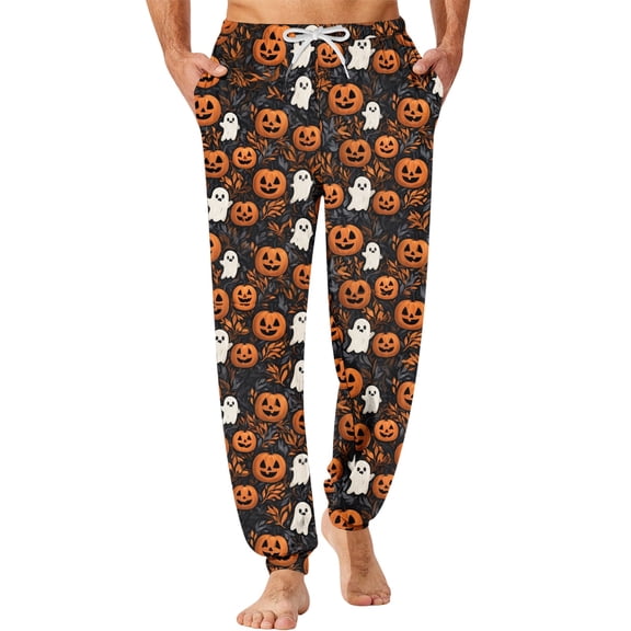 JULMCOMO Halloween Pajamas Pants for Men Pumpkin Bat Ghost Print Drawstring Elastic Waist Trendy Pjs Pants Cute Print Loose Comfy Pajama Earthy Yellow XL