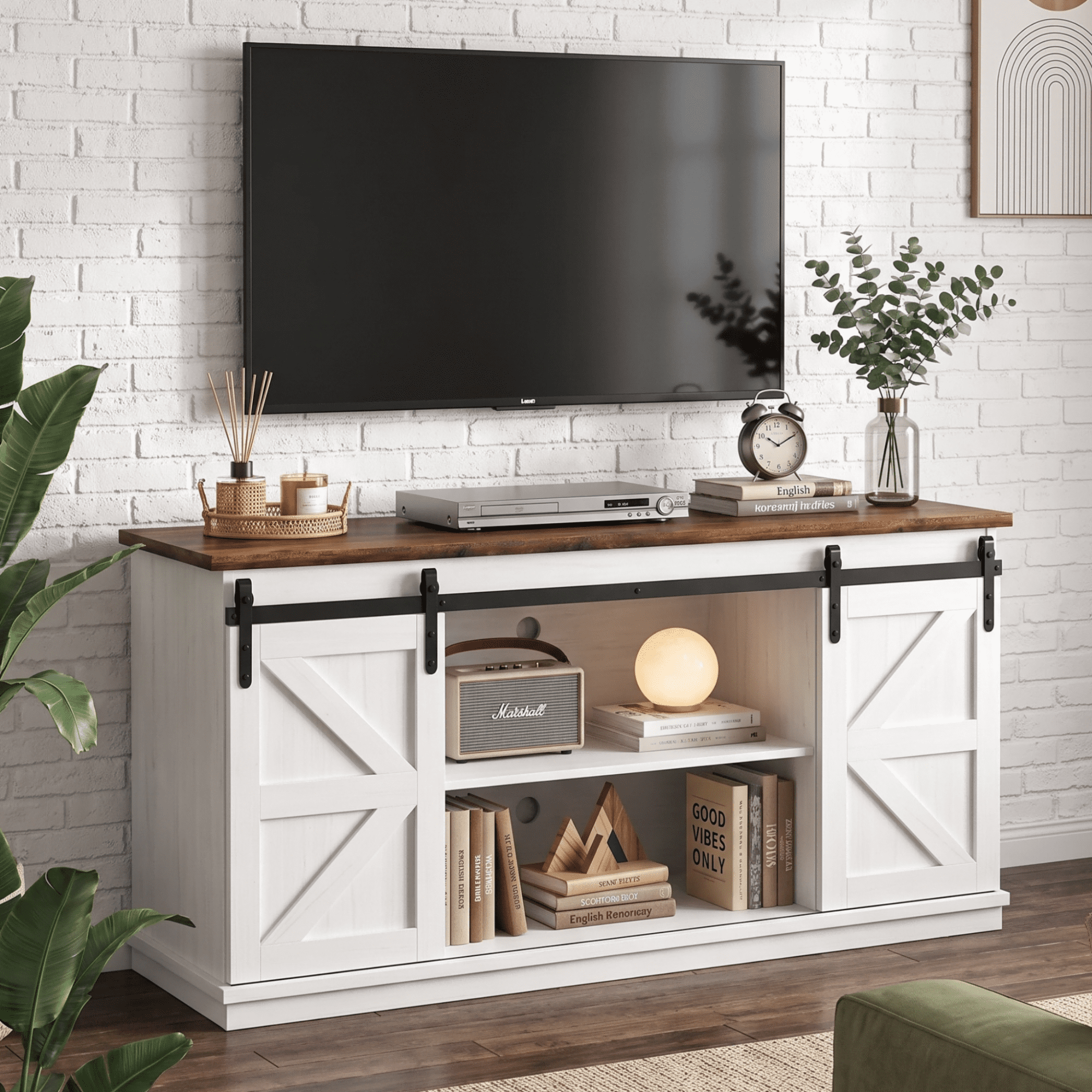 Vineego 58 Inch Farmhouse TV Stand and Entertainment Center for Televisions,with Sliding Barn Doors and Storage Cabinets,Milk White