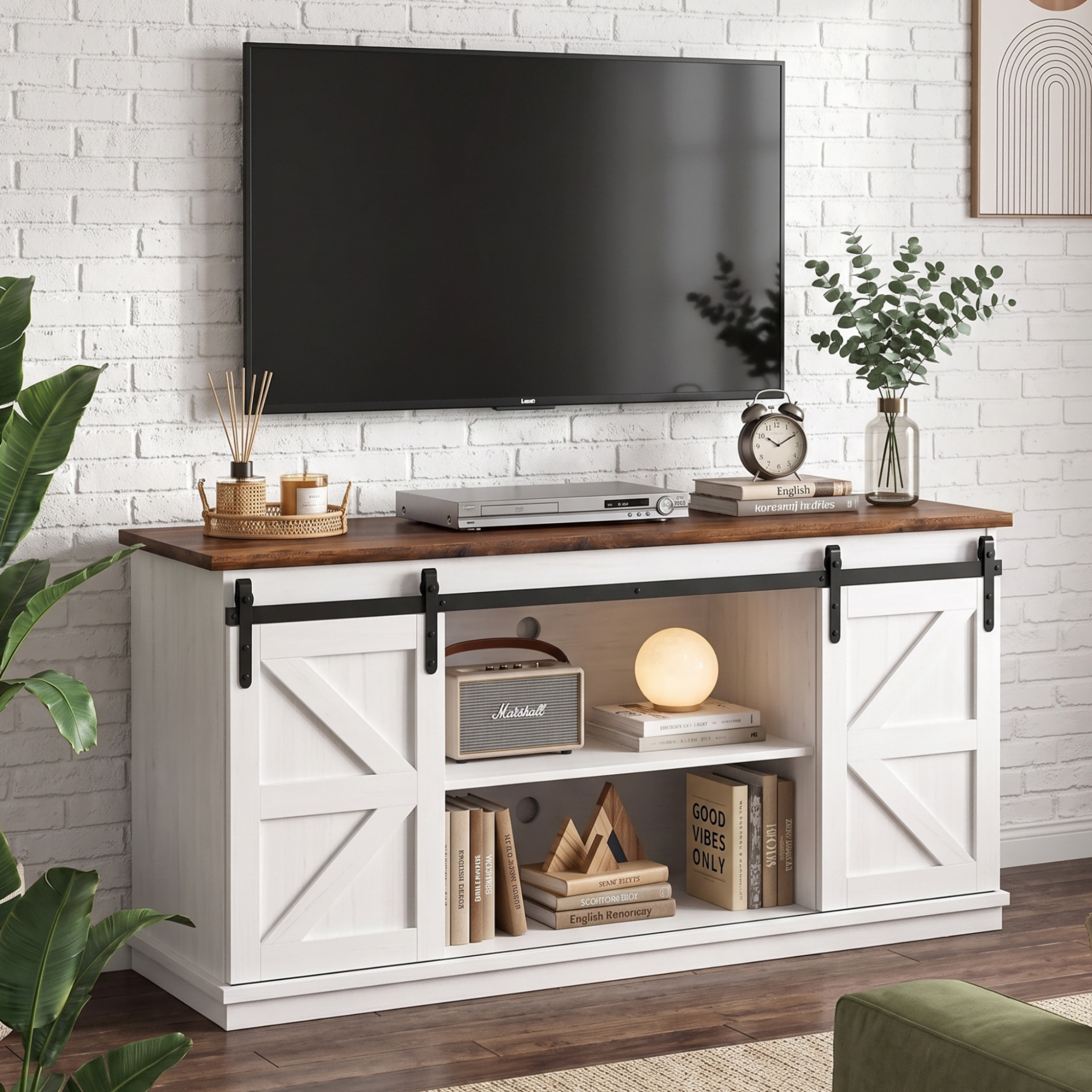 Vineego 58" Farmhouse TV Stand with Sliding Barn Doors, Milk White