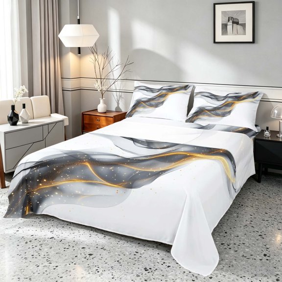 Manfei Aesthetic Abstract Artwork Bed Sheets, Watercolor Painting Fuul Size Sheets, Gray White, Black Reversible 4-Piece1 Flat Sheet 1 Fitted Sheet 2 Pillowcases