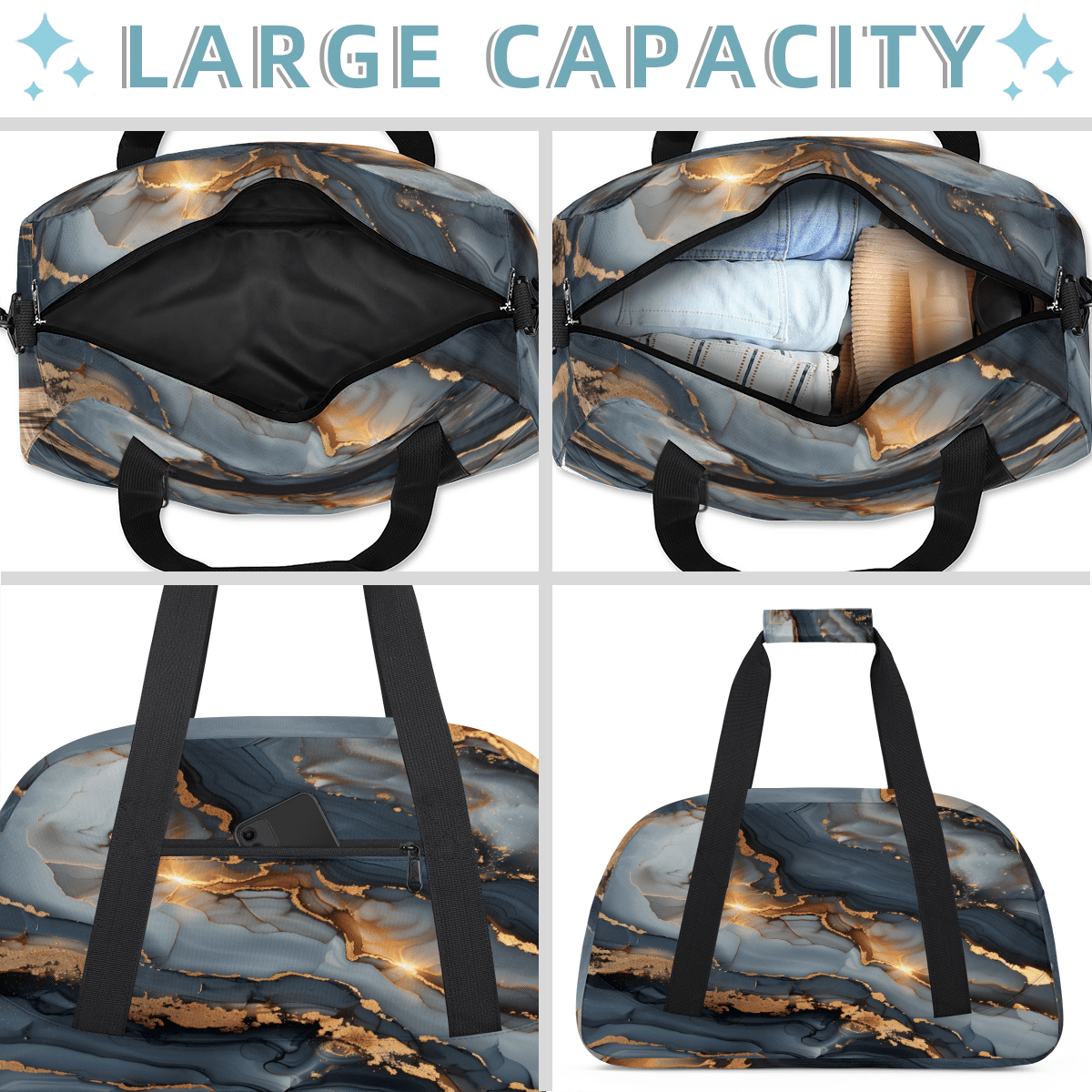 Herdesigns Art Black Glod Marble Sports Duffle Bag for Women & Men, Modern Gym Bag Dance Bag Overnight Bag Carry On Weekender Travel Bag