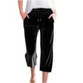 thumbnail image 2 of Womens Velvet Capri Sweatpants Fashion Solid Color Lace up Elastic Waist Wide Leg Cropped Trousers with Pocket Black Small, 2 of 6