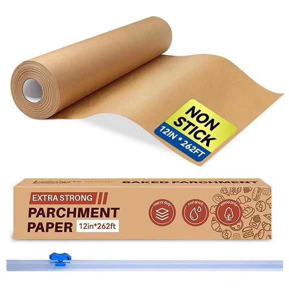 Foval Unbleached Parchment Paper Roll for Cooking & Baking, Non - Stick, 12 Inches × 262 Feet (262 Sq.Ft), Brown with a Slide Cutter