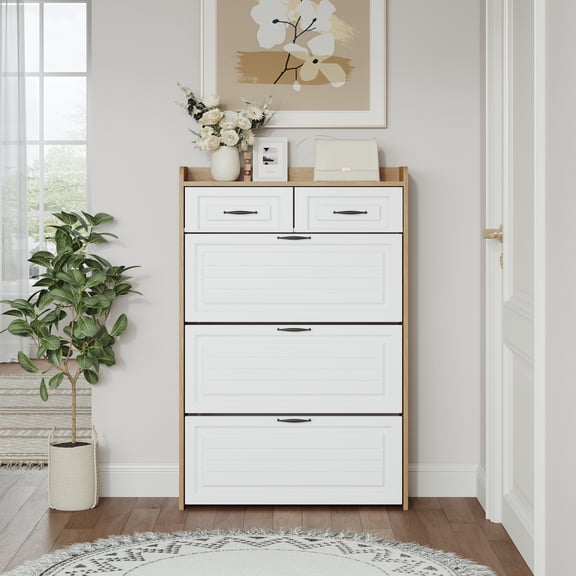 Jopath Shoe Organizer White Oak Color Shoe Cabinet With 3 Doors 2 Drawers,Large Space For Storage With 2 Drawers, Shoe Storage Cabinet For Living Room, Hallway, Entryway