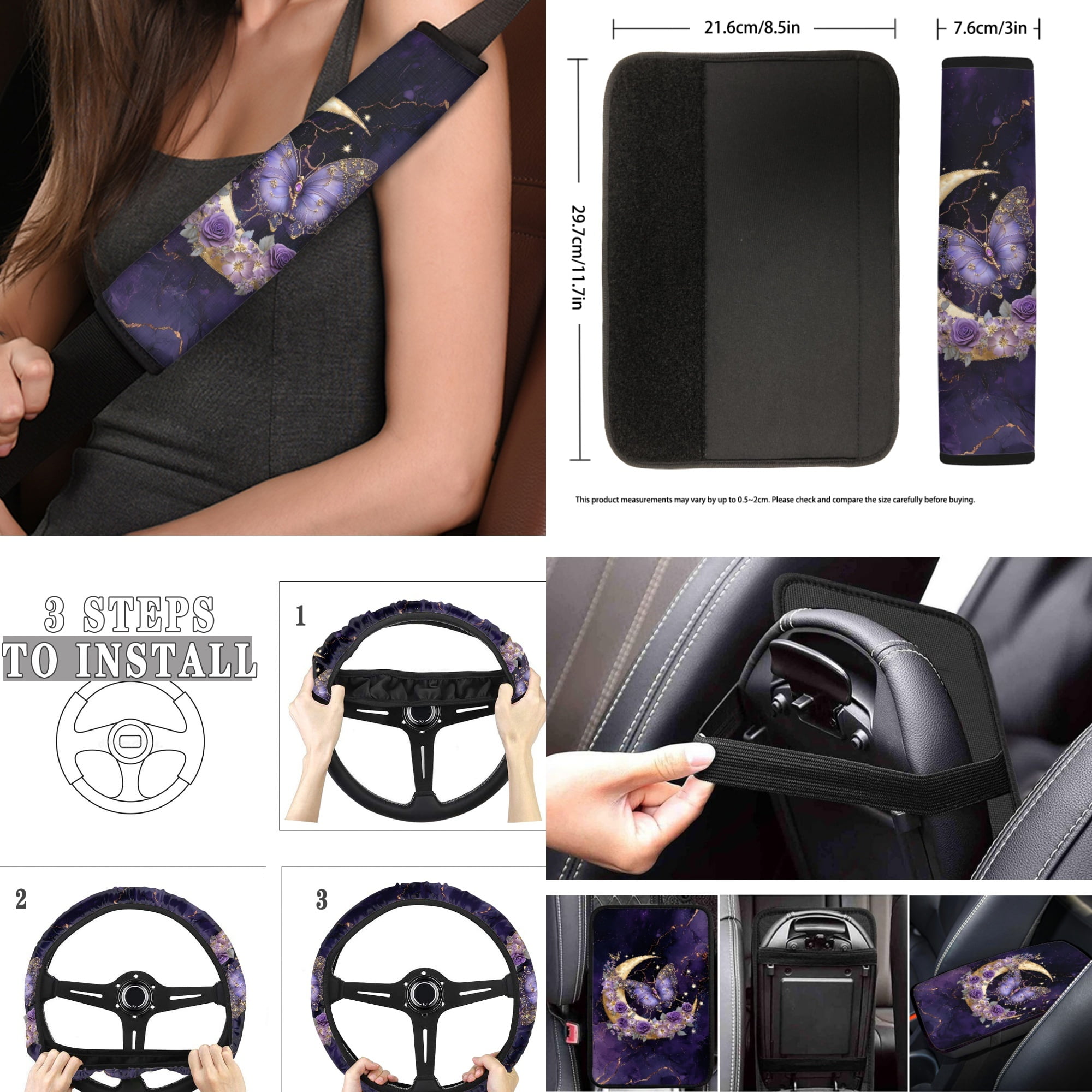 Jeiento Butterfly Car Seat Cover Full Set Car Floor Mats Steering Wheel Cover Seatbelt Cover Moon Armrest Cover Purple Universal Auto Interior Accessories Set for Women Men