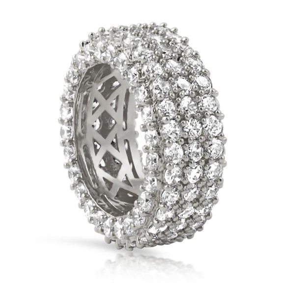 .925 Silver Triple Ice Decker 360 CZ Eternity Hip Hop Ring Band in Rhodium
