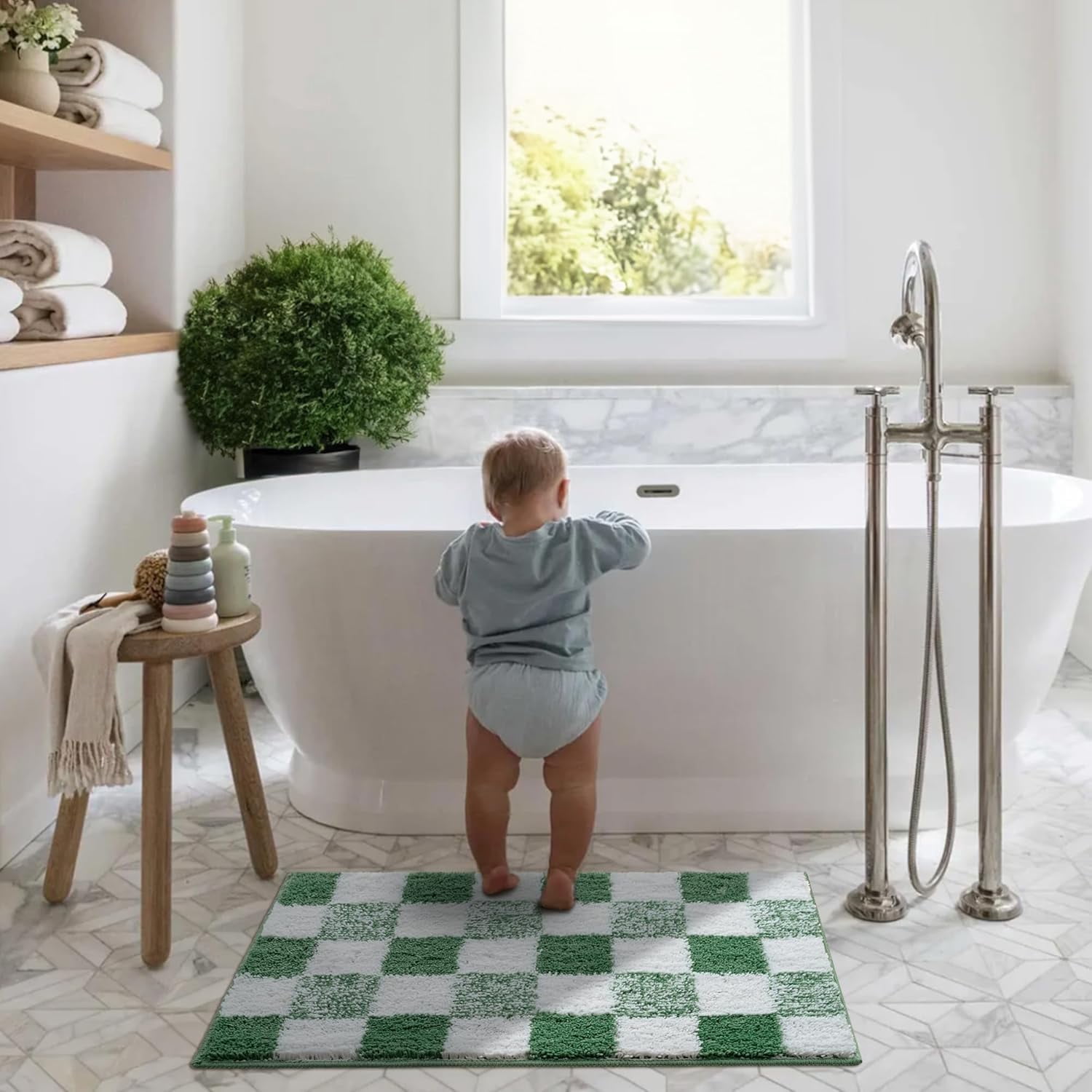 GRANNY SAYS Checkered Bathroom Rug, Absorbent Microfiber Ultra Soft Bath Mat Washable, Non-Slip Bath Rugs, 24" x 16", Green