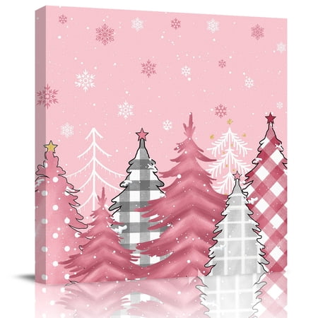 Wall Art Prints Blush Pink Framed Canvas Prints for Bedroom Living Room Bathroom Office Christmas Pine Tree Lattice Dots Gallery Wrap Wall Art Poster for Gifts Home Decor 8 x8