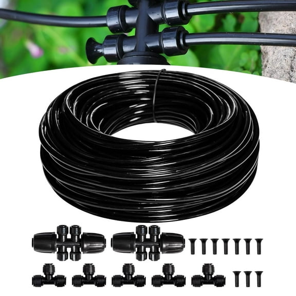 100FT 1/4 inch New Quick-Connect Drip Irrigation Kit Distribution Hose Tubing for Garden Irrigation System (Includes 2 Pcs 6-Way Connector, 5 Pcs 1/4" Tee and 10 Pcs End Plugs)