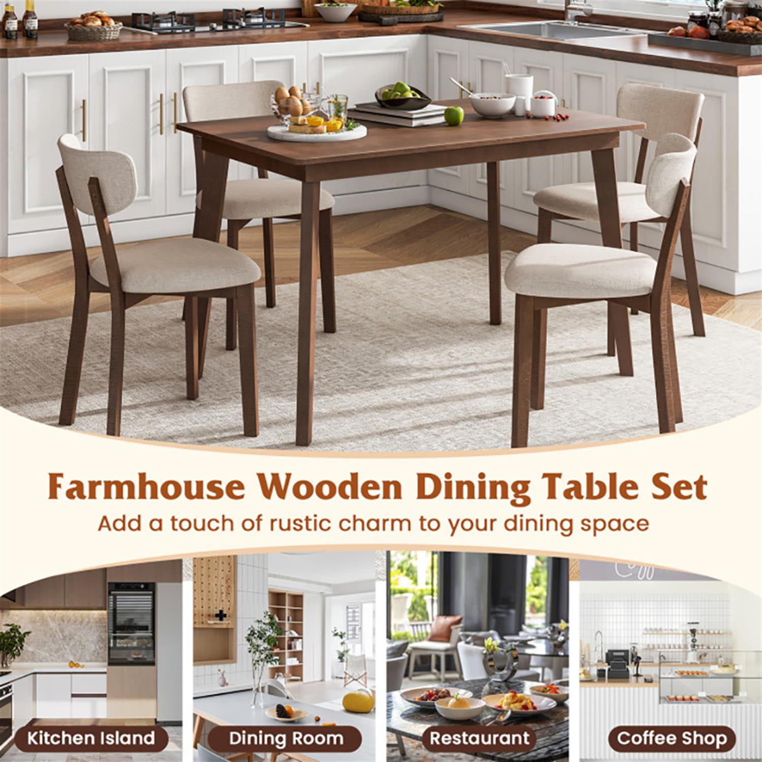 Demi Bonn 5-Piece Dining Table Set with 4 Chairs, 48" Kitchen Table with Rubber Wood Frame and Padded Set, Perfect for Small Space, Brown