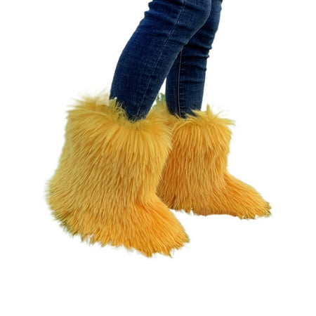 

SIMANLAN Womens Lightweight Mid Calf Boot Casual Pull On Fluffy Snow Boots Winter Plush Shoes Yellow 9