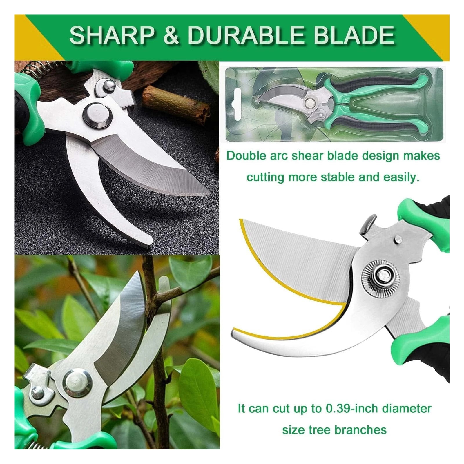 Pruning Shears - Garden Clippers Pruner, 7.5 Inch Stainless Steel Handheld Branch Gardening Scissors Snips Tool with Safety Lock