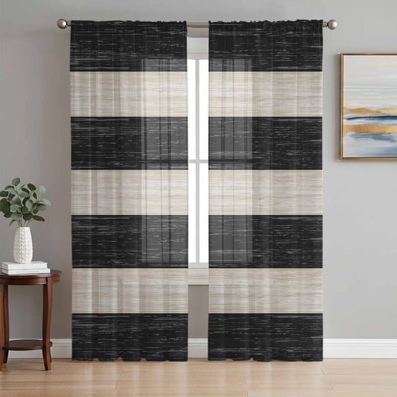 Black Cream Striped Semi Sheer Curtains 63 Inch Length 2 Panels Set,Farmhouse Vintage Shabby Chic Wood Grain Sheer Kitchen Curtain Privacy Voile Window Curtain for Living Room Bedroom Drapes