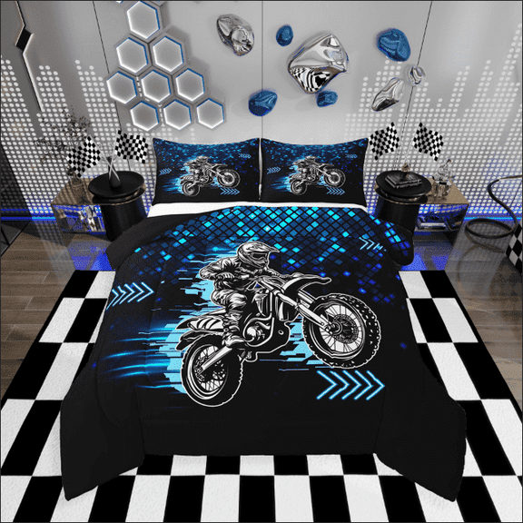 Erosebridal Dirt Bike Comforter Sets for Teens,Black Blue Comforters & Duvets,Sports Theme Decoration,Reversible,Breathable,2pcs