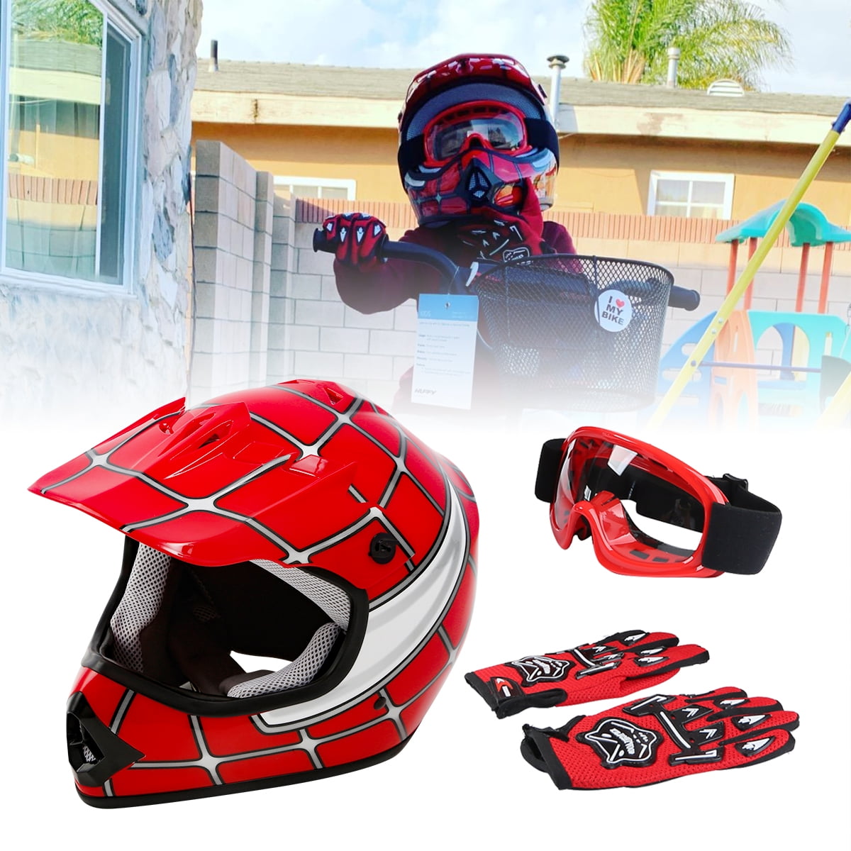 TCMT Helmet for Kids Red Spider Net with Goggles & Gloves DOT Youth helmet for Atv Mx Motocross Offroad Street Dirt Bike L Size