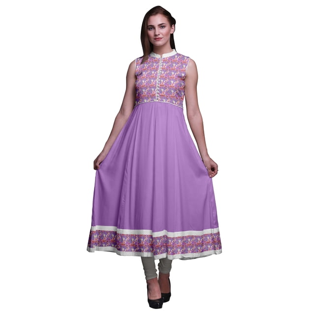 Bimba Robe Anarkali Aquarelle Améthyste Col Mandarin Sans Manches Kurtis pour Femmes Imprimé Robe Maxi Moyen