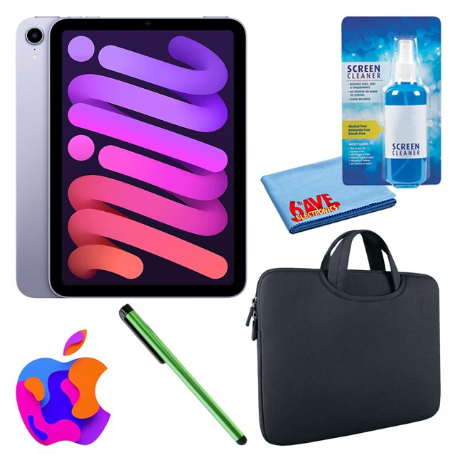 Paquete Apple iPad Mini 6 (2021, 64 GB, Wi-Fi, morado) (MK7R3LL/A) usado con funda negra con cremallera + kit de limpieza de pantalla