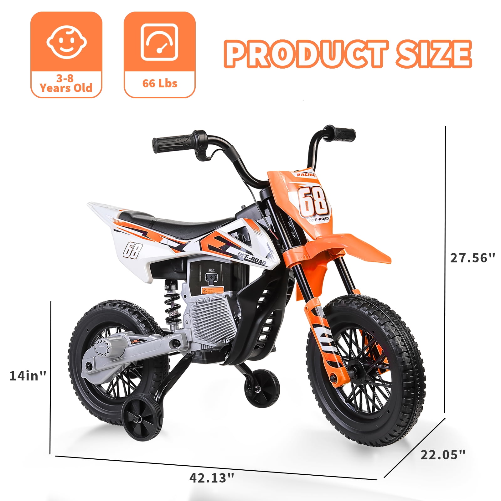 Funcid 12V Electric Dirt Bike with Twist Grip Throttle, Ride on Motorcycle with 2 Training Wheels, Suitable for Ages 3-8, Bluetooth, MP3, Dual Motors, Spring Suspension