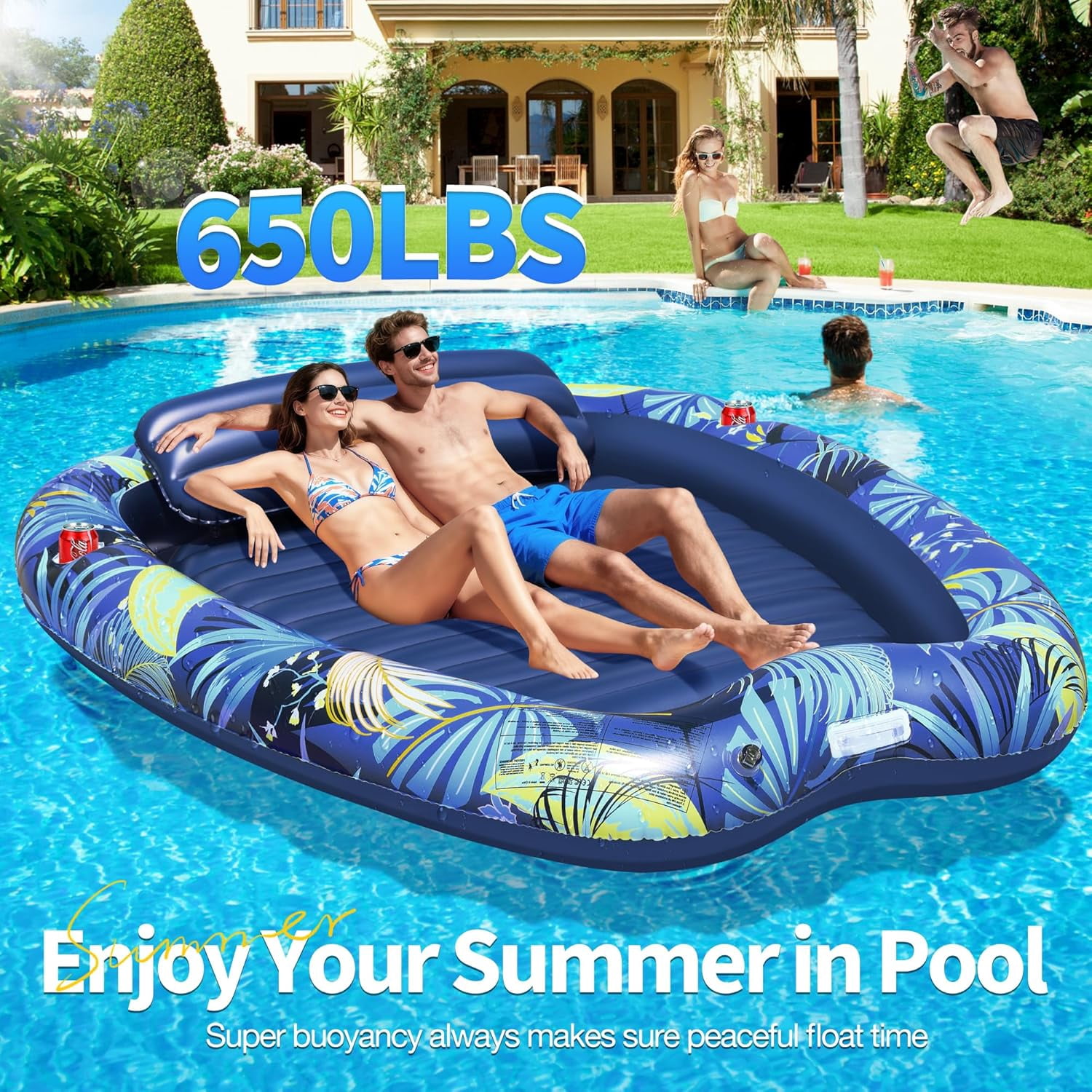 2026 Luxury 2 Person Inflatable Tanning Pool Lounger Float, 90 x 67 Inch Extra Large Inflatable Tanning Bed, Sunbathing Pool with Drink Holders & Handles, Personal Suntan Tub for Backyard