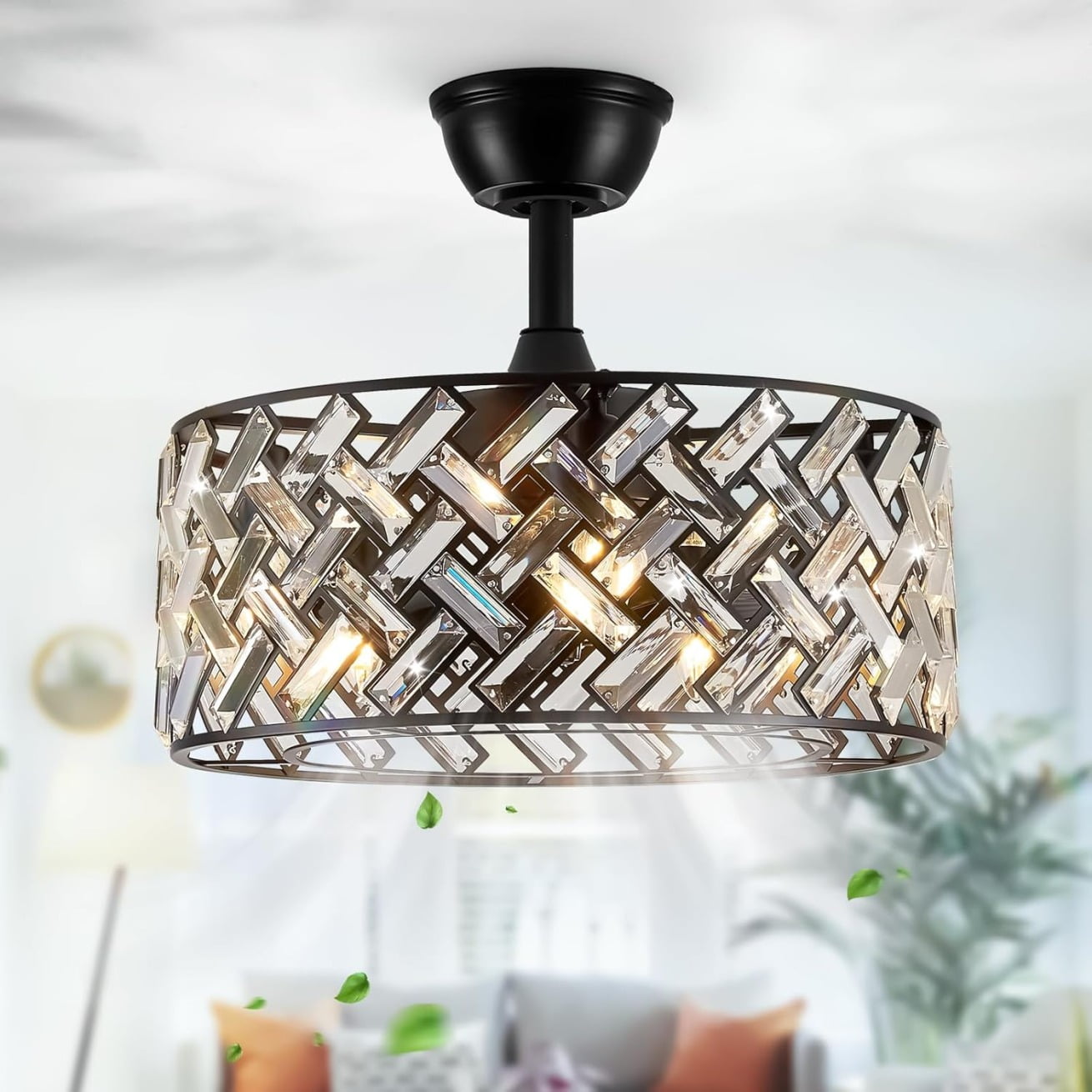 18 Inch Crystal Cage Ceiling Fan with Remote Control and Light, Quiet Reversible Motor Chandelier Fan for Bedroom Living Room Dining Room Kids Room, Matte Black Finish