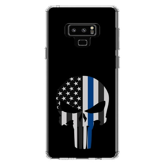 DistinctInk Clear Shockproof Hybrid Case for Samsung Galaxy Note 9 - TPU Bumper, Acrylic Back, Tempered Glass Screen Protector - Thin Blue Line Skull - Support for First Responders