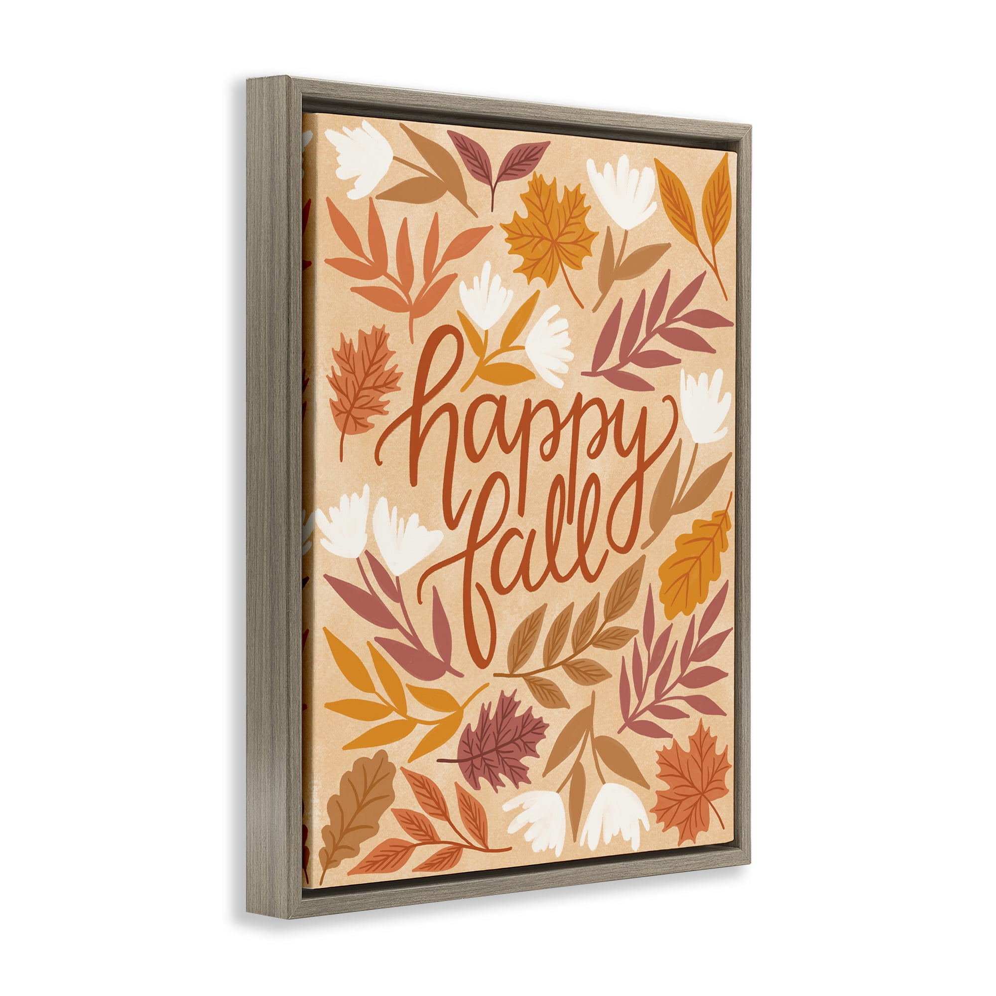 Stupell Industries Happy Fall on Leaves Plants & Flowers Painting Brown Floater Framed Canvas Art Print Wall Art, 25 x 31