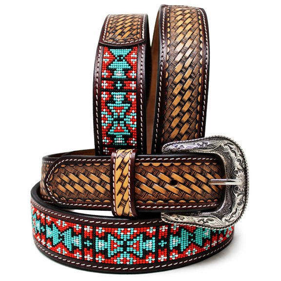 33-34  Western Antique Basket Weave Tooled Beaded Full-Grain Leather Belt 26FK54