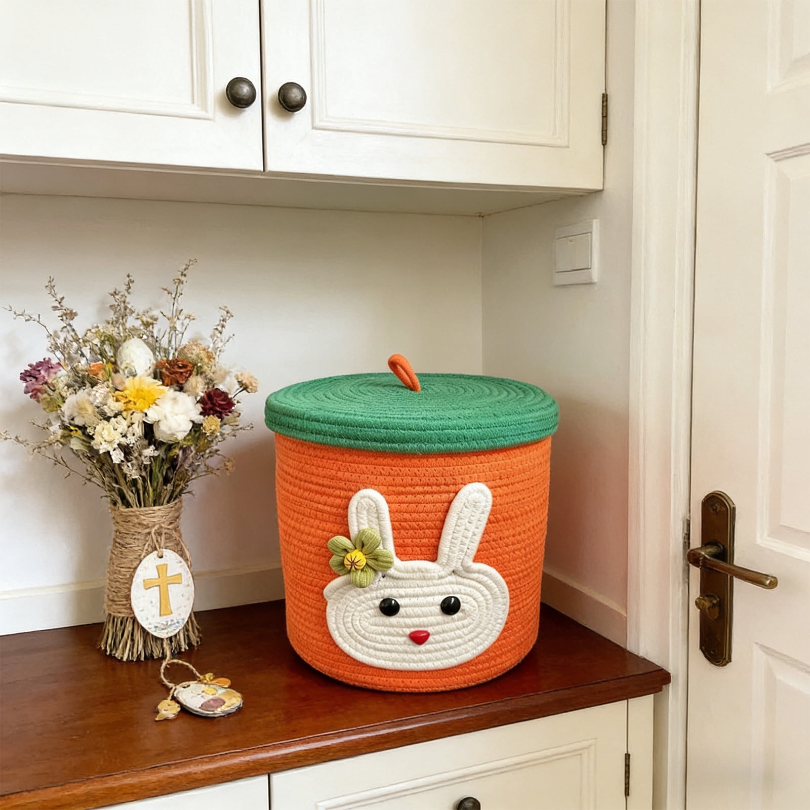 Tyidzon Easter Basket Rabbit Storage Basket with Protective Lid Handwoven Cotton Rope Style Easter Theme Storage Bin with 3D Bunny Ears for Candy Eggs Toys Home Organization