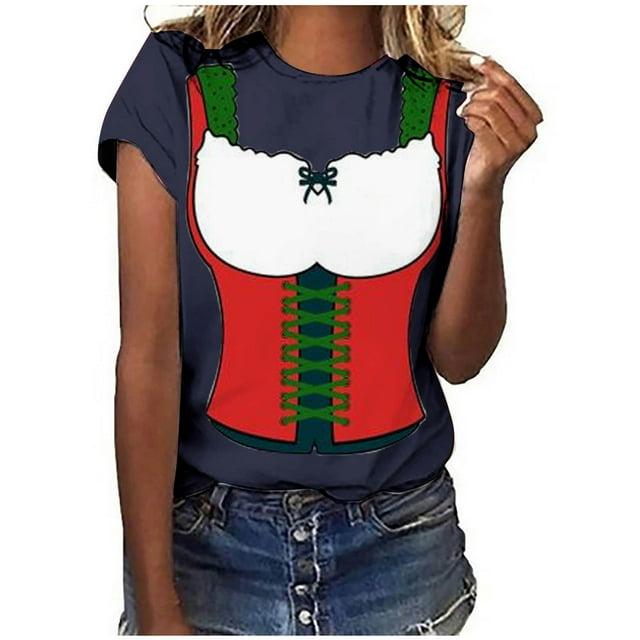 Pompotops Blouse Décontractée Mode Femme Imprimé Oktoberfest Col Rond T-Shirt Blouse Imprimée Tee Liquidation